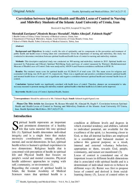 (PDF) Correlation between Spiritual Health and Health Locus of Control ...
