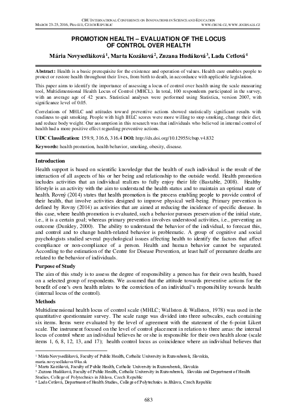 (PDF) Promotion Health – Evaluation of the Locus of Control Over Health