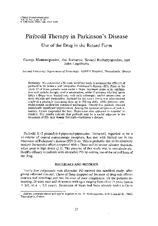 (PDF) Piribedil Therapy in Parkinsonʼs Disease