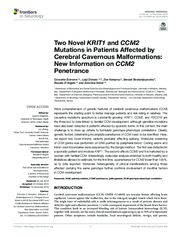 (PDF) Two Novel KRIT1 and CCM2 Mutations in Patients Affected by ...