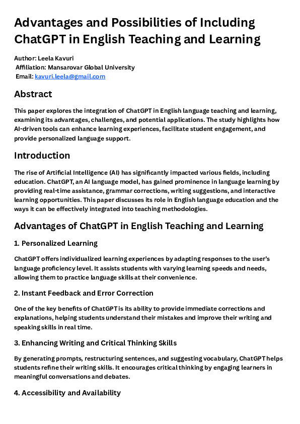 (PDF) Advantages and Possibilities of Including ChatGPT in English ...
