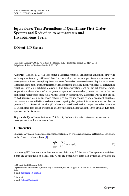 (PDF) Equivalence Transformations of Quasilinear First Order Systems ...