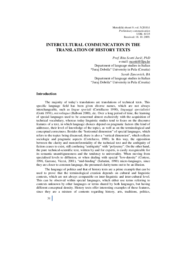 (PDF) Intercultural Communication in the Translation of History Texts
