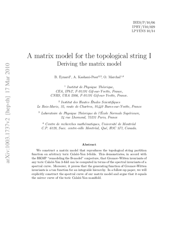 (PDF) A Matrix Model for the Topological String I: Deriving the Matrix ...