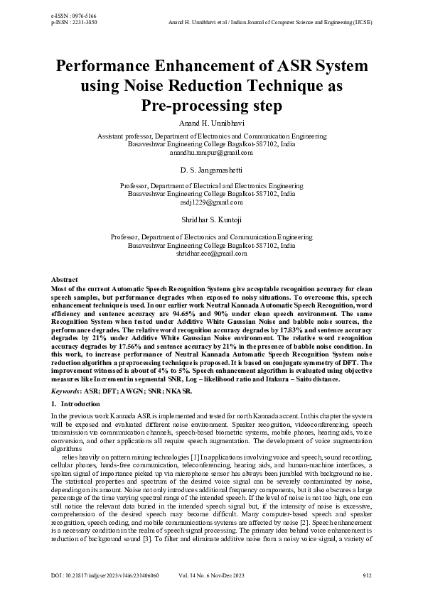 (PDF) Performance Enhancement of ASR System using Noise Reduction ...