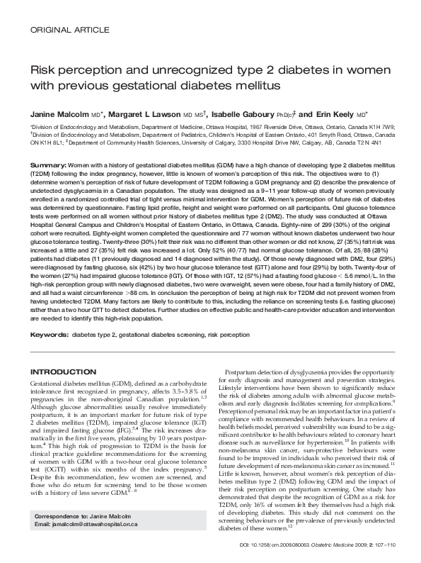(PDF) Risk perception and unrecognized type 2 diabetes in women with ...
