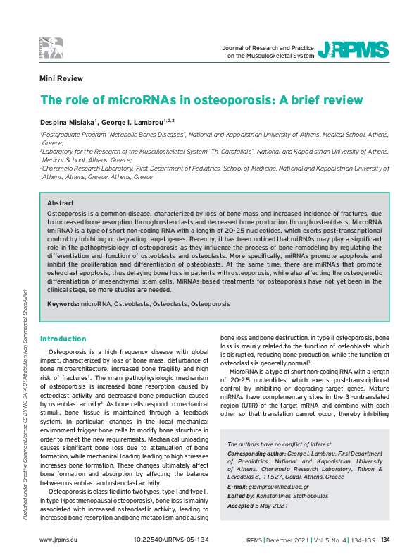 (PDF) The role of microRNAs in osteοporosis: A brief review