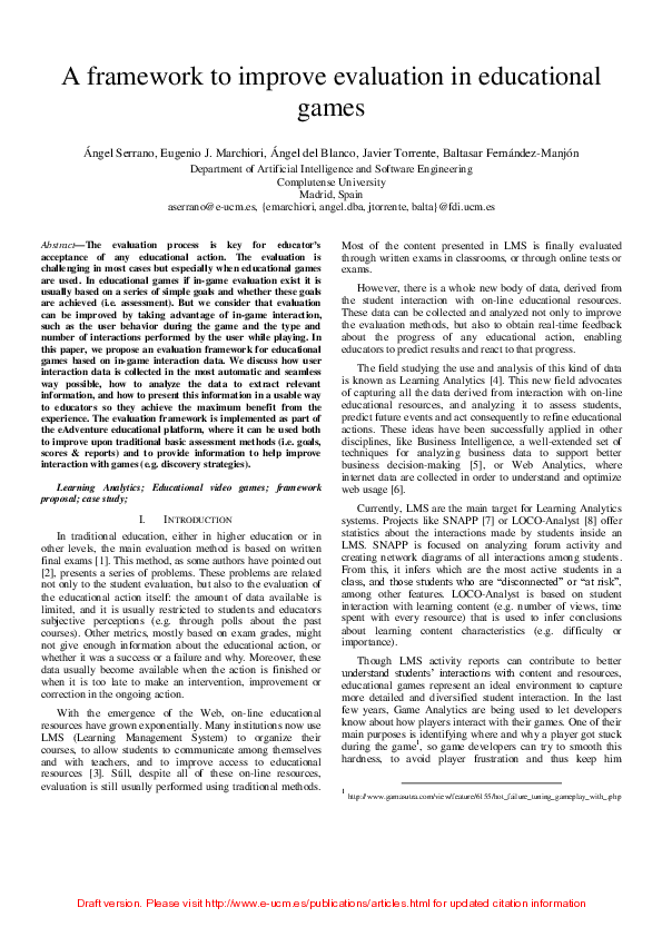 (PDF) A framework to improve evaluation in educational games