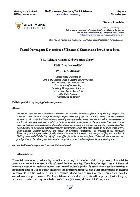 (PDF) Fraud Pentagon: Detection of Financial Statement Fraud in a Firm