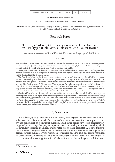 (PDF) The Impact of Water Chemistry on Zooplankton Occurrence in Two ...