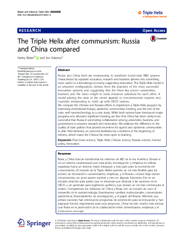 (PDF) The Triple Helix after communism: Russia and China compared