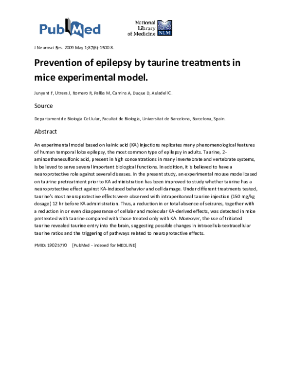 (PDF) Prevention of epilepsy by taurine treatments in mice experimental ...