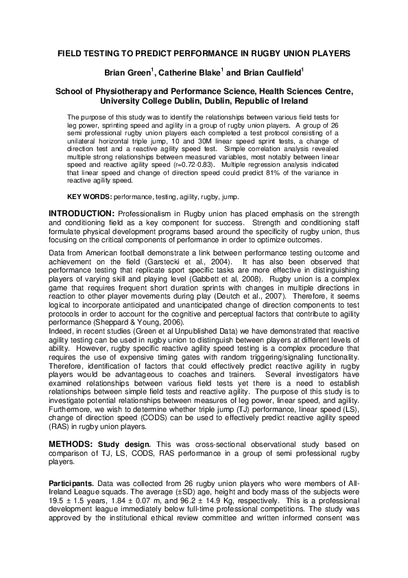 (PDF) Field Testing to Predict Performance in Rugby Union Players