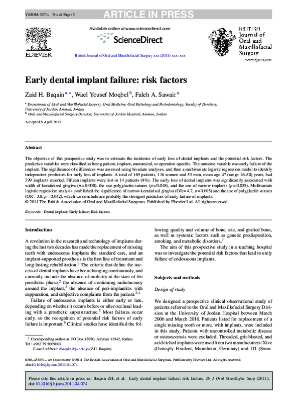 (PDF) Early dental implant failure: risk factors