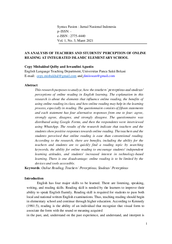 (PDF) An Analysis of Teachers and Students' Perception of Online ...
