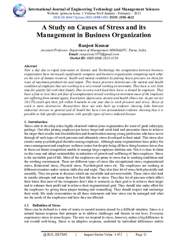 (PDF) A Study on Causes of Stress and its Management in Business ...
