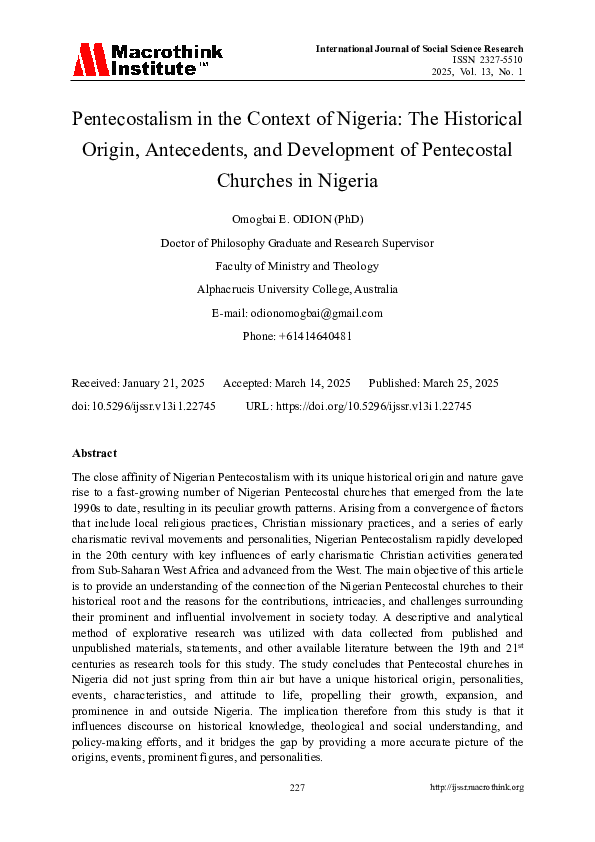 (PDF) Pentecostalism in the Context of Nigeria: The Historical Origin ...
