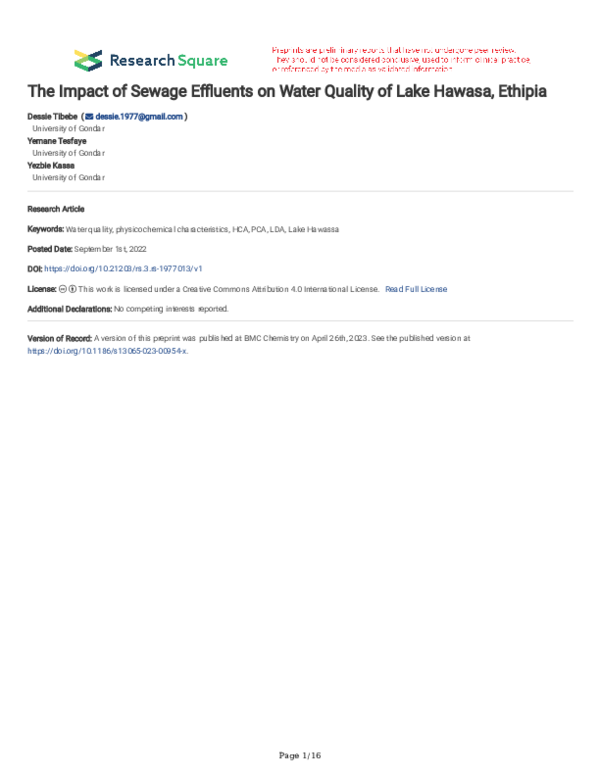(PDF) The Impact of Sewage Effluents on Water Quality of Lake Hawasa ...