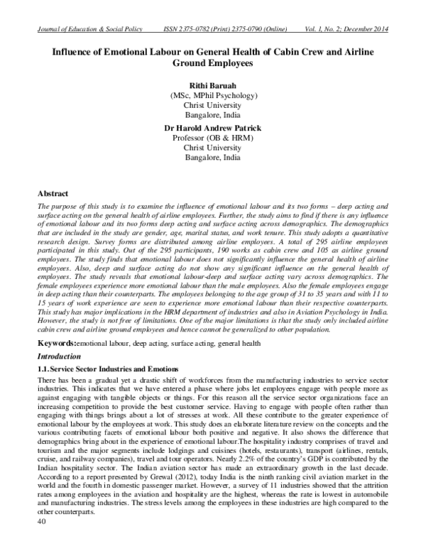 (PDF) Influence of Emotional Labour on General Health of Cabin Crew and ...