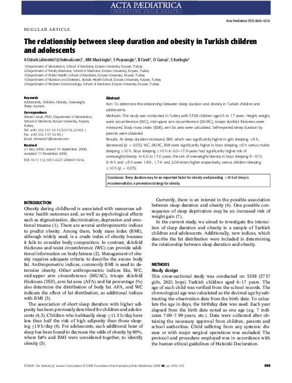 (PDF) The relationship between sleep duration and obesity in Turkish ...