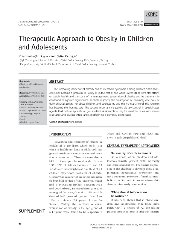 (PDF) Therapeutic Approach to Obesity in Children and Adolescents