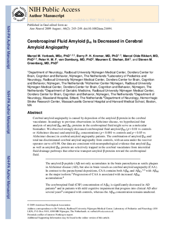 (PDF) Cerebrospinal fluid amyloid β40is decreased in cerebral amyloid ...