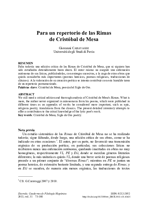 (PDF) Para un repertorio de las Rimas de Cristóbal de Mesa