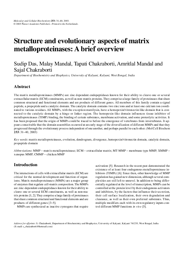 (PDF) Structure and evolutionary aspects of matrix metalloproteinases ...