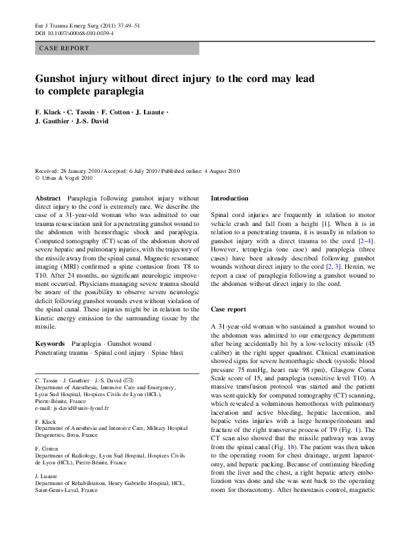 (PDF) Gunshot injury without direct injury to the cord may lead to ...