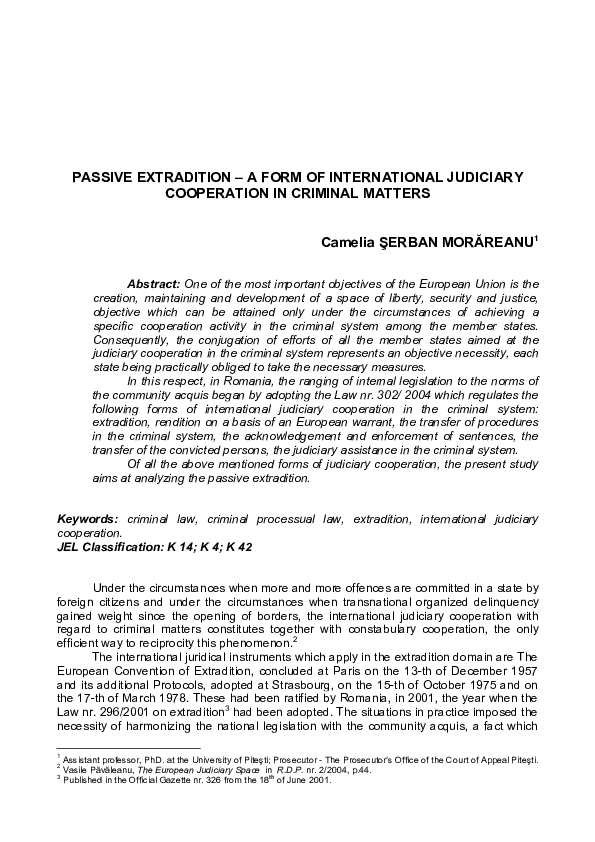 (PDF) Passive Extradition a Form of International Judiciary Cooperation ...