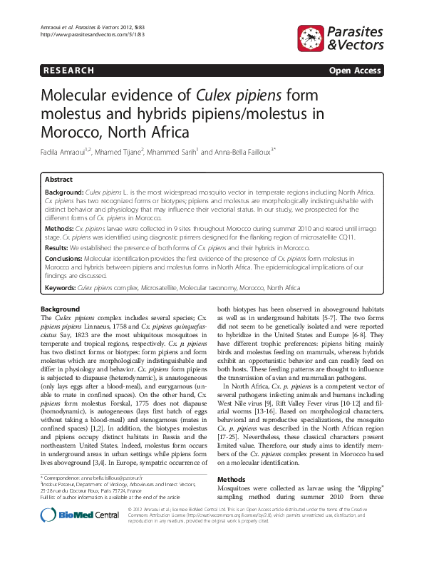 (PDF) Molecular evidence of Culex pipiens form molestus and hybrids ...