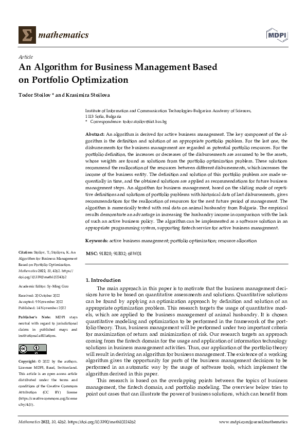 (PDF) An Algorithm for Business Management Based on Portfolio Optimization
