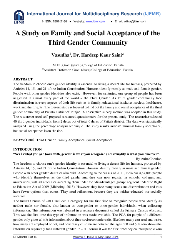 (PDF) A Study on Family and Social Acceptance of the Third Gender Community