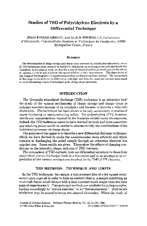 (PDF) Studies of TSD of polyethylene electrets by a differential technique