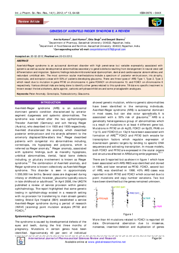 (PDF) Genesis of Axenfeld Rieger Syndrome: A Review