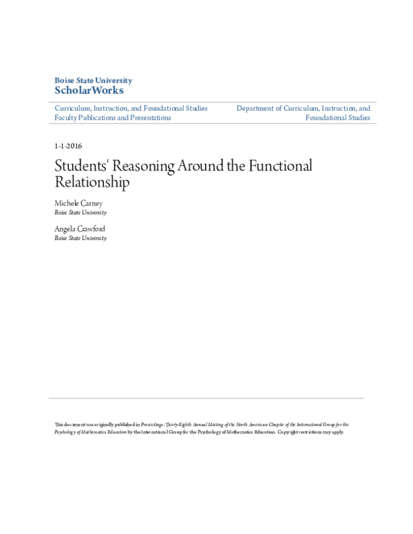 (PDF) Students' Reasoning Around the Functional Relationship