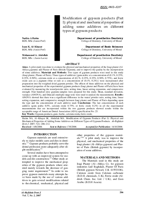 (PDF) Modification of gypsum products (Part I): physical and mechanical ...