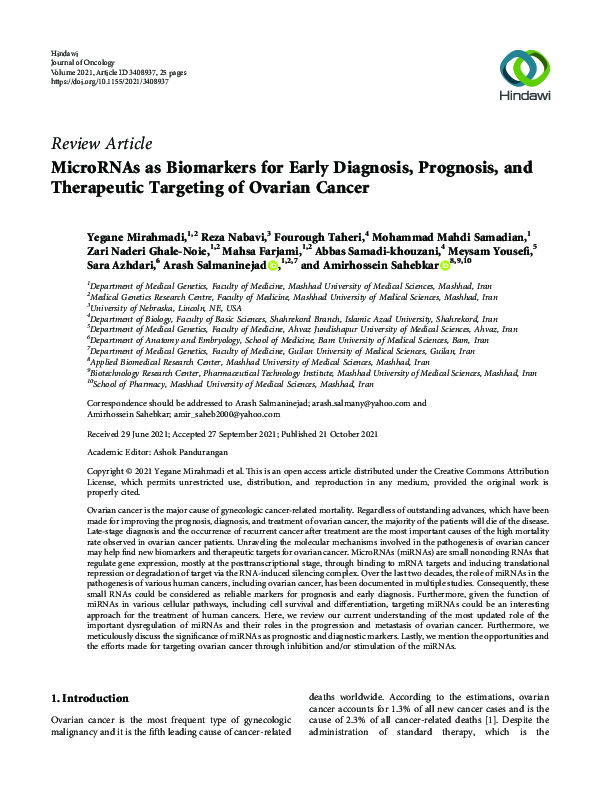 (PDF) MicroRNAs as Biomarkers for Early Diagnosis, Prognosis, and ...