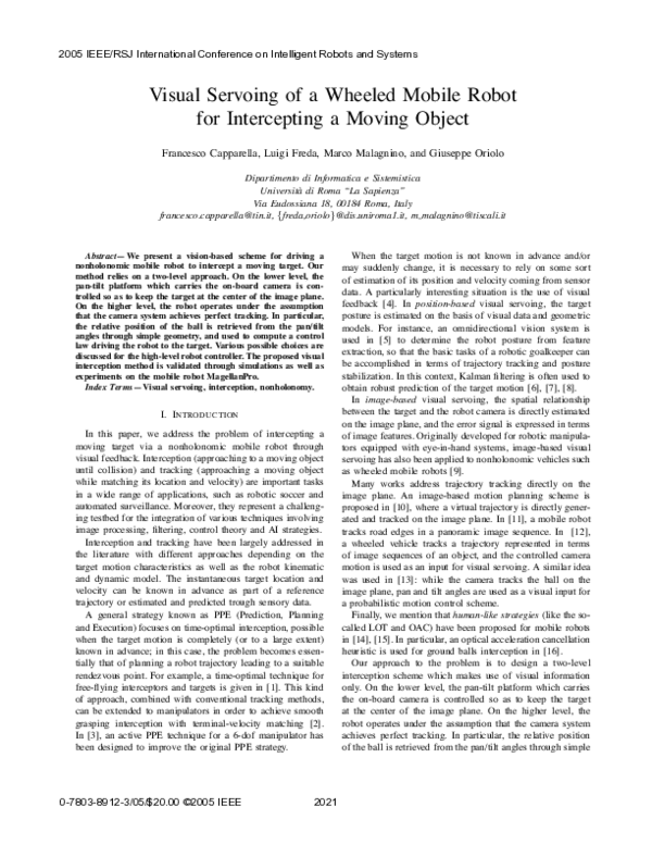 (PDF) Visual servoing of a wheeled mobile robot for intercepting a ...