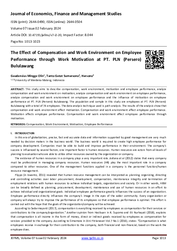 (PDF) The Effect of Compensation and Work Environment on Employee ...
