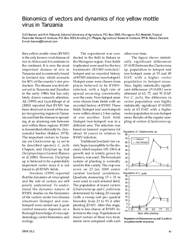 (PDF) Bionomics of vectors and dynamics of rice yellow mottle virus in ...