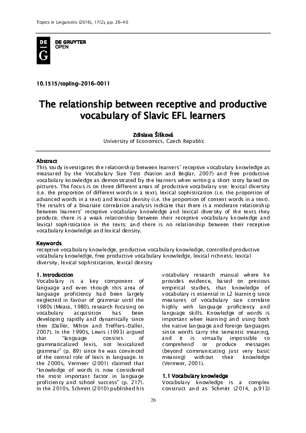(PDF) The relationship between receptive and productive vocabulary of ...