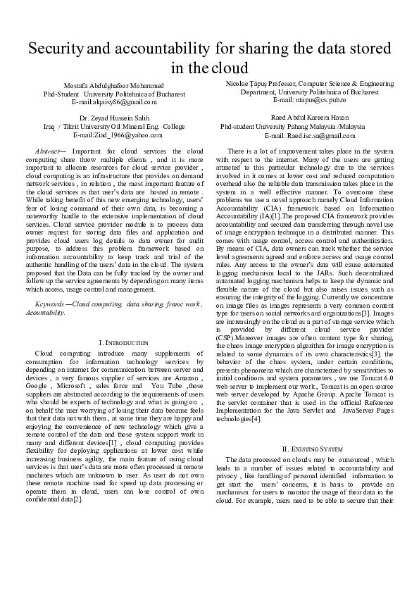 (PDF) Security and accountability for sharing the data stored in the cloud
