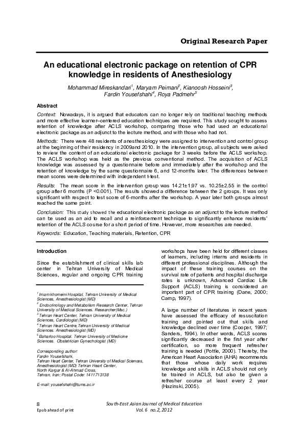 (PDF) An educational electronic package on retention of CPR knowledge ...