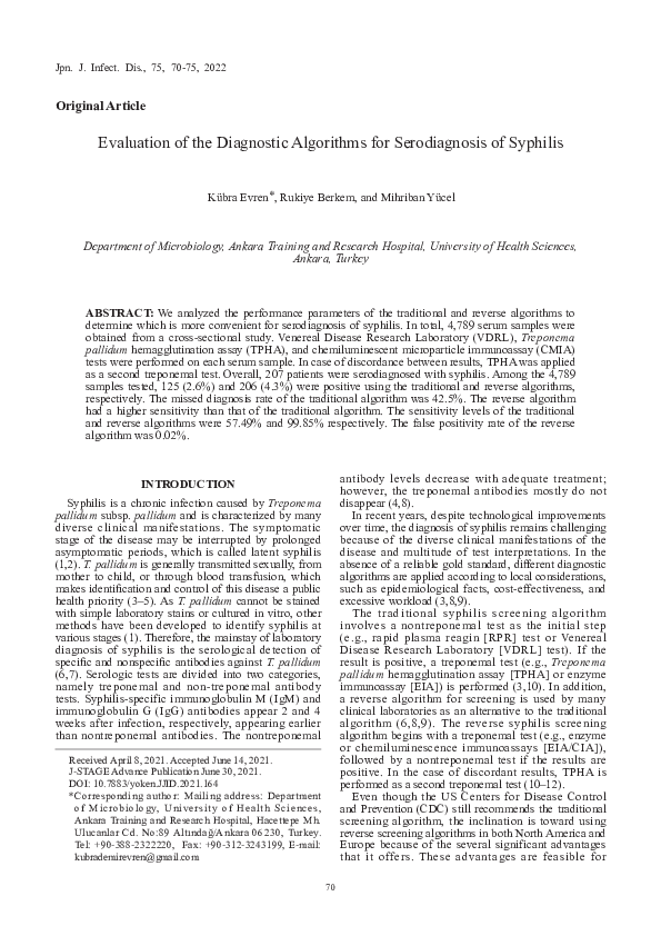 (PDF) Evaluation of the Diagnostic Algorithms for Serodiagnosis of Syphilis