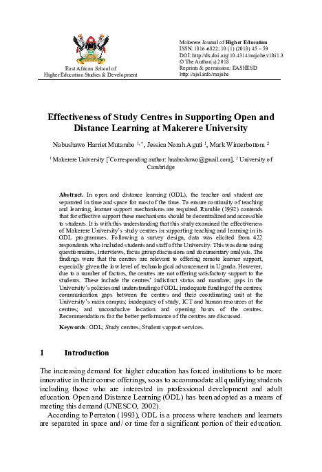 (PDF) Effectiveness of Study Centres in Supporting Open and Distance ...