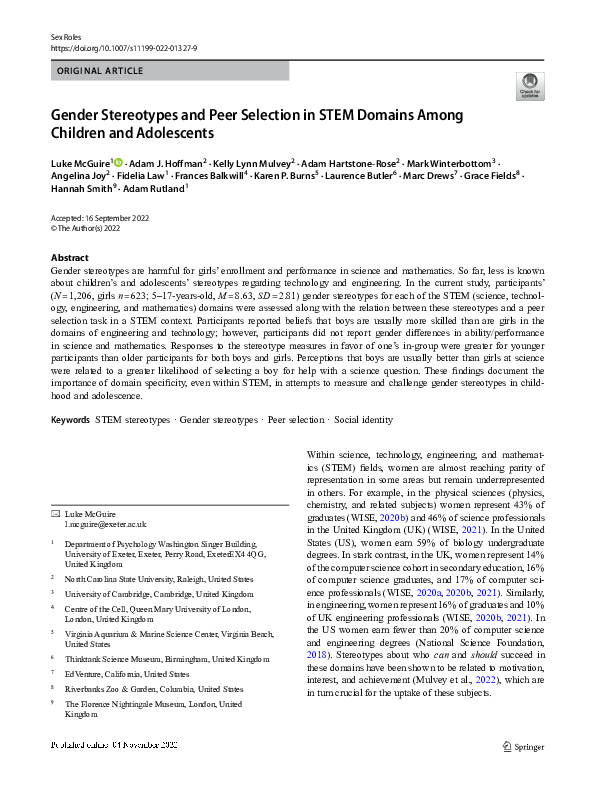 (PDF) Gender Stereotypes and Peer Selection in STEM Domains Among ...
