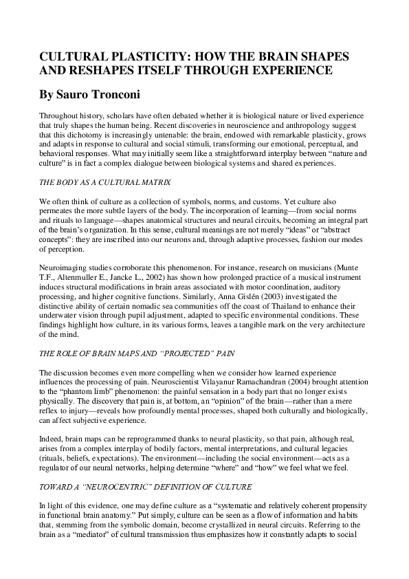 (PDF) CULTURAL PLASTICITY: HOW THE BRAIN SHAPES AND RESHAPES ITSELF ...