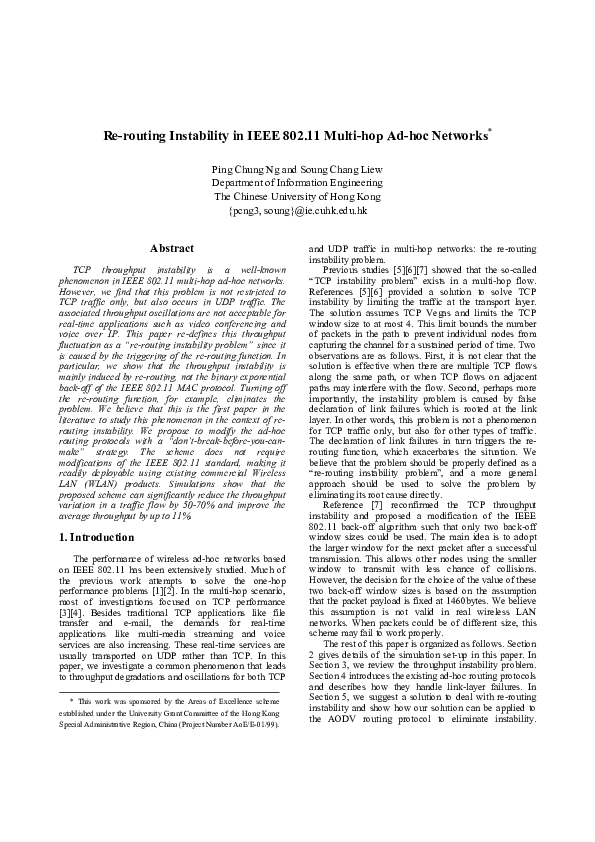 (PDF) Re-routing instability in IEEE 802.11 multi-hop ad-hoc networks