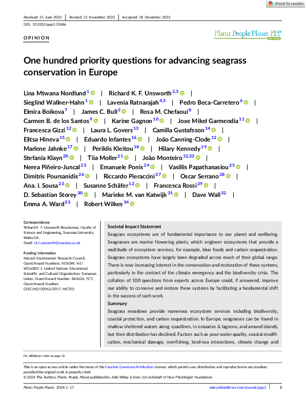 (PDF) One hundred priority questions for advancing seagrass ...